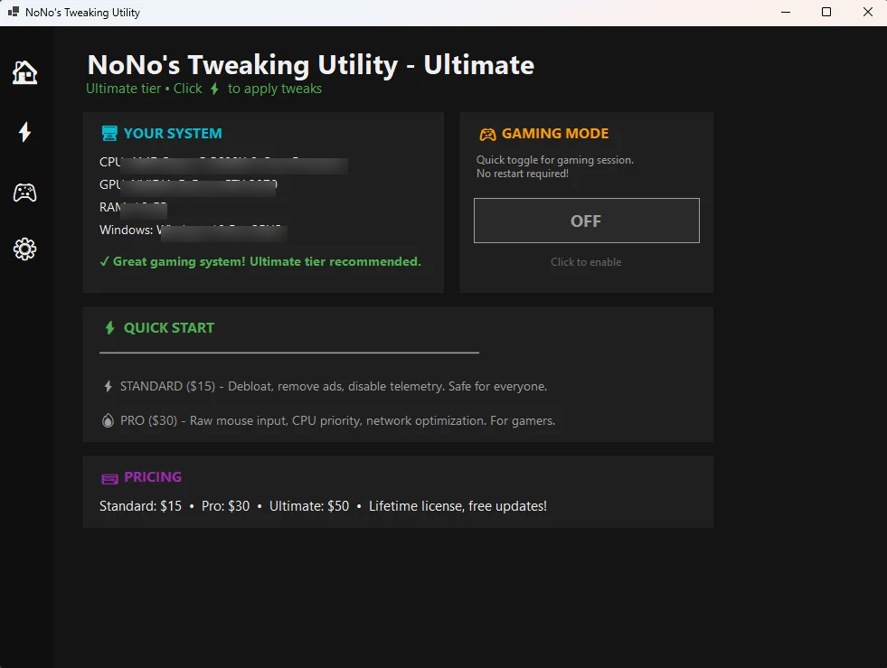 Affinity Tweaks Dashboard - System overview and quick controls