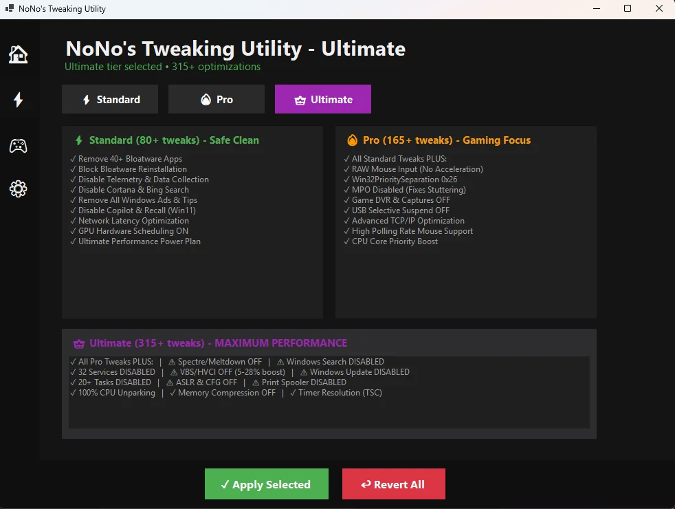 Affinity Tweaks Optimization Tiers - Standard, Pro, and Ultimate